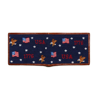 Navy needlepoint patch with USA and 1776 text, featuring American flags and eagles.