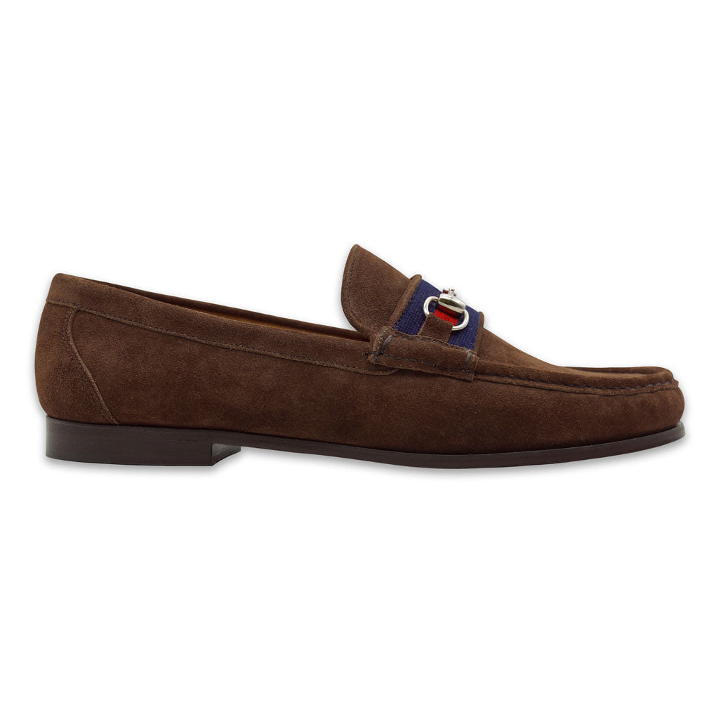 Navy & Red Surcingle Downing Bit Loafer in Espresso Suede by Smathers & Branson - Country Club Prep