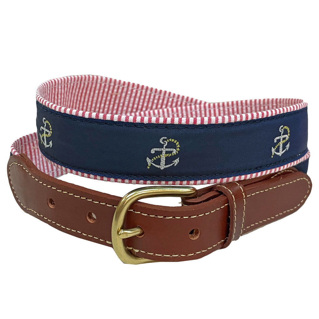 Alliterative Anchor Leather Tab Belt on Red Seersucker by Country Club Prep - Country Club Prep