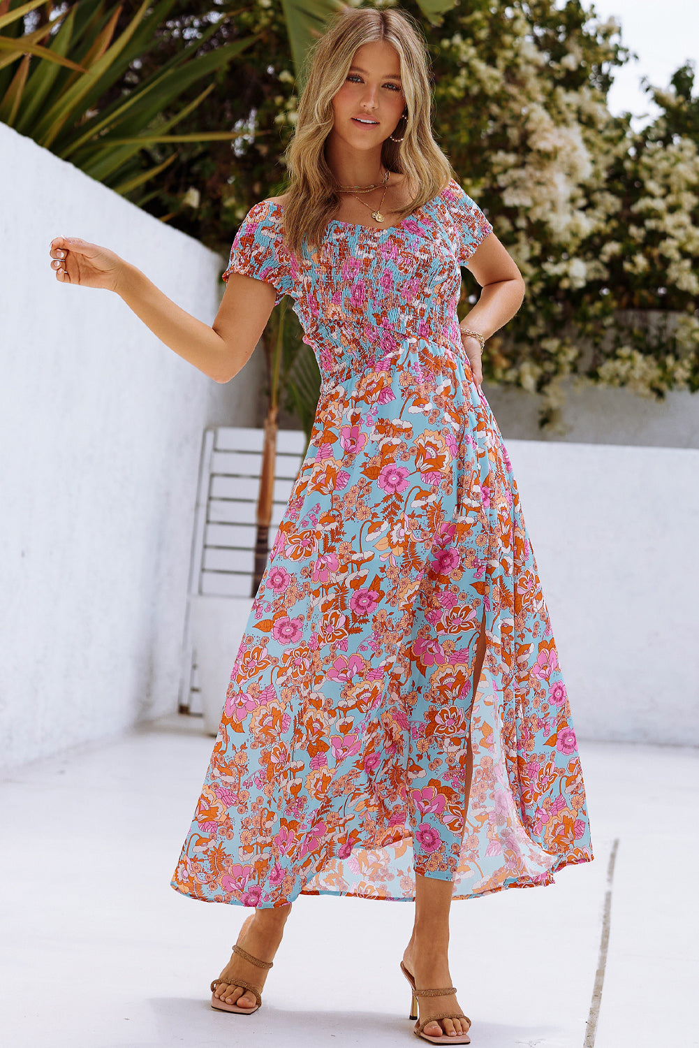 Floral Crisscross Smocked Off-Shoulder Dress – Country Club Prep
