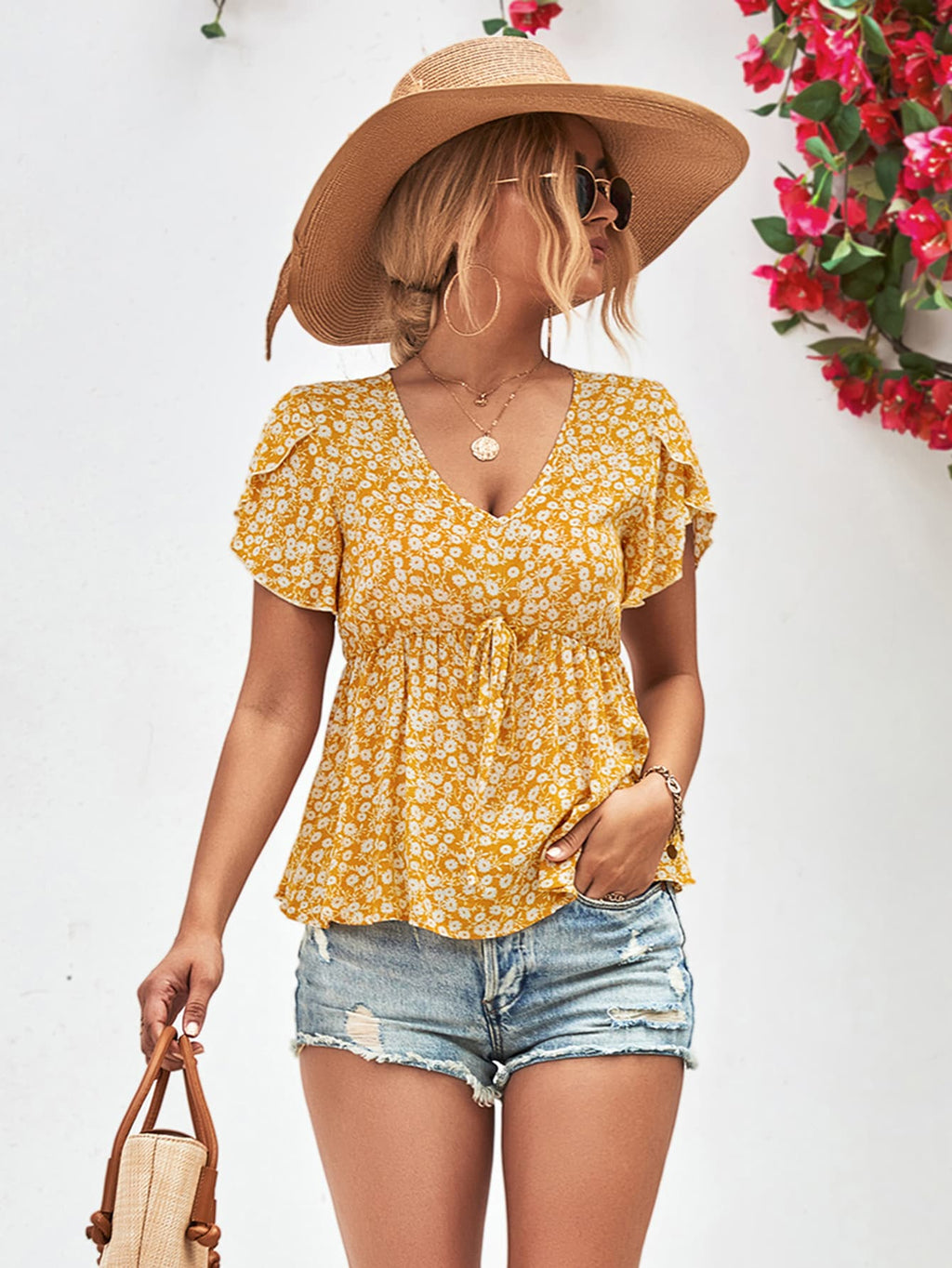 Be Stage Full Size Floral Sleeveless Babydoll Top