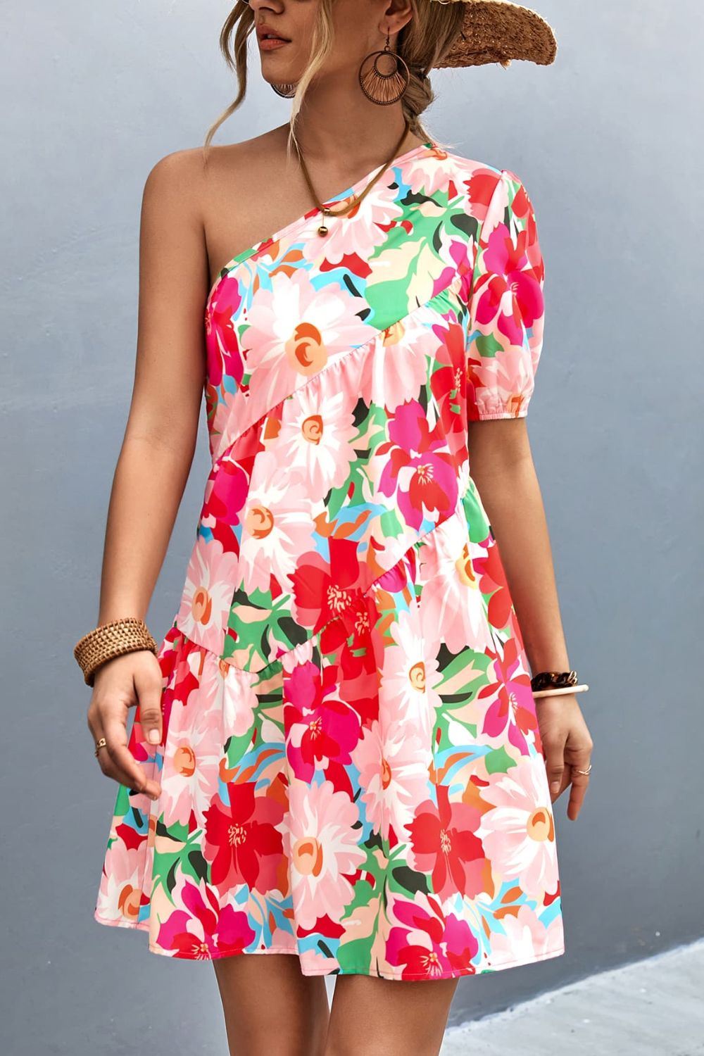 strapless open back dress Floral One-Shoulder Puff Sleeve Dress