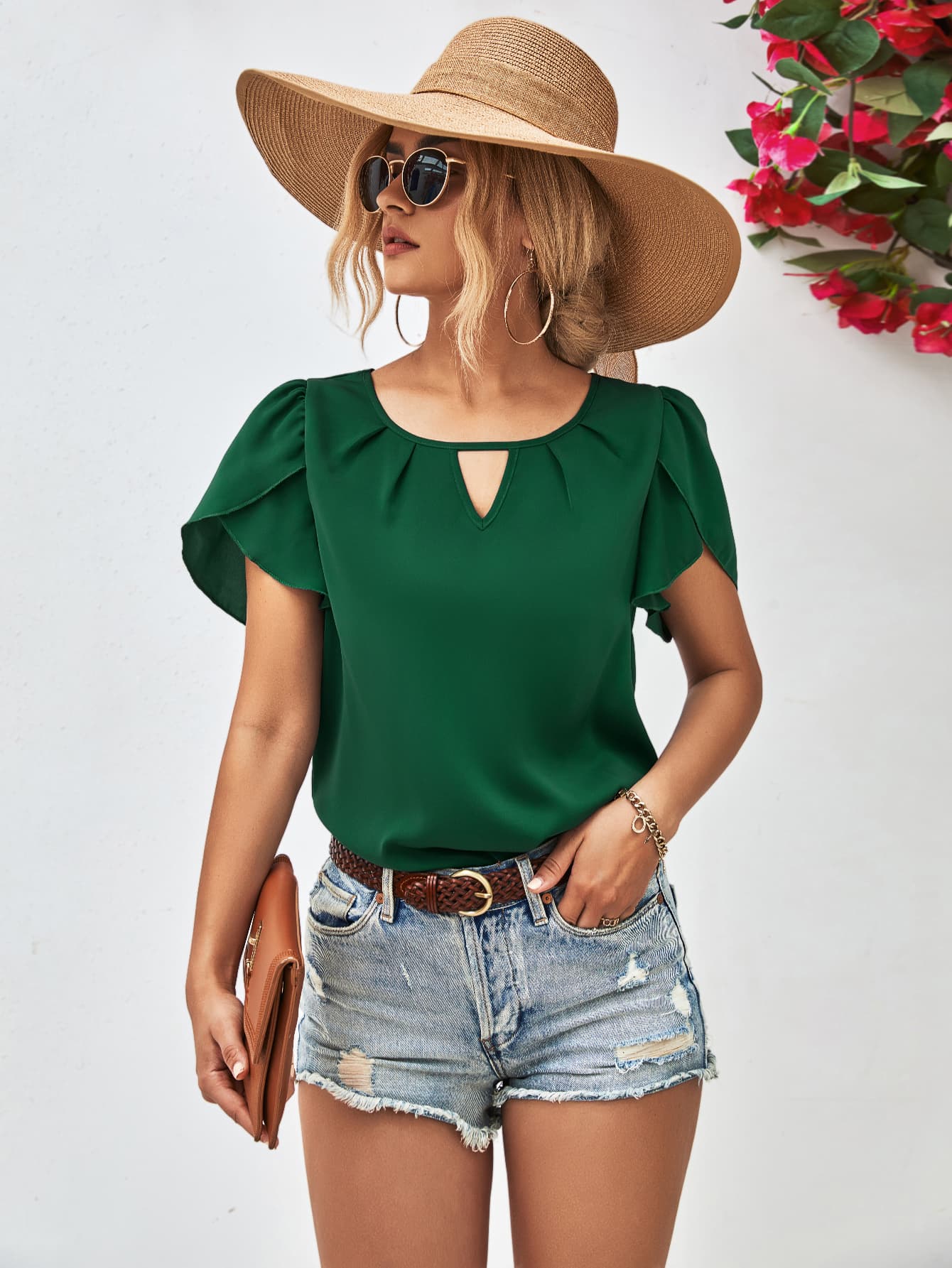 Cutout Round Neck Petal Sleeve Blouse - Country Club Prep