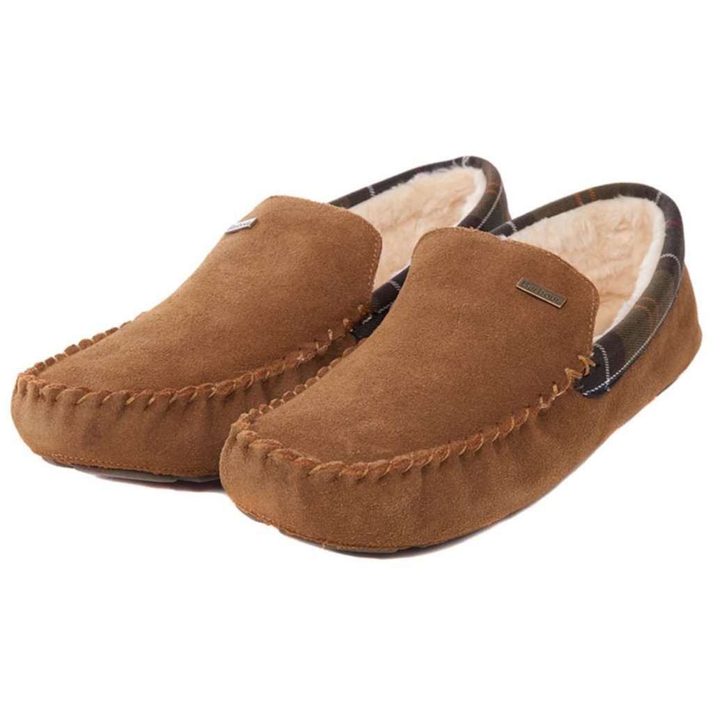 BARBOUR  SIZE 8 TAN LEATHER MEN’S SLIPPERS *NEW* Barbour Mens Light Brown Suede Slippers Fur Lining main image 4