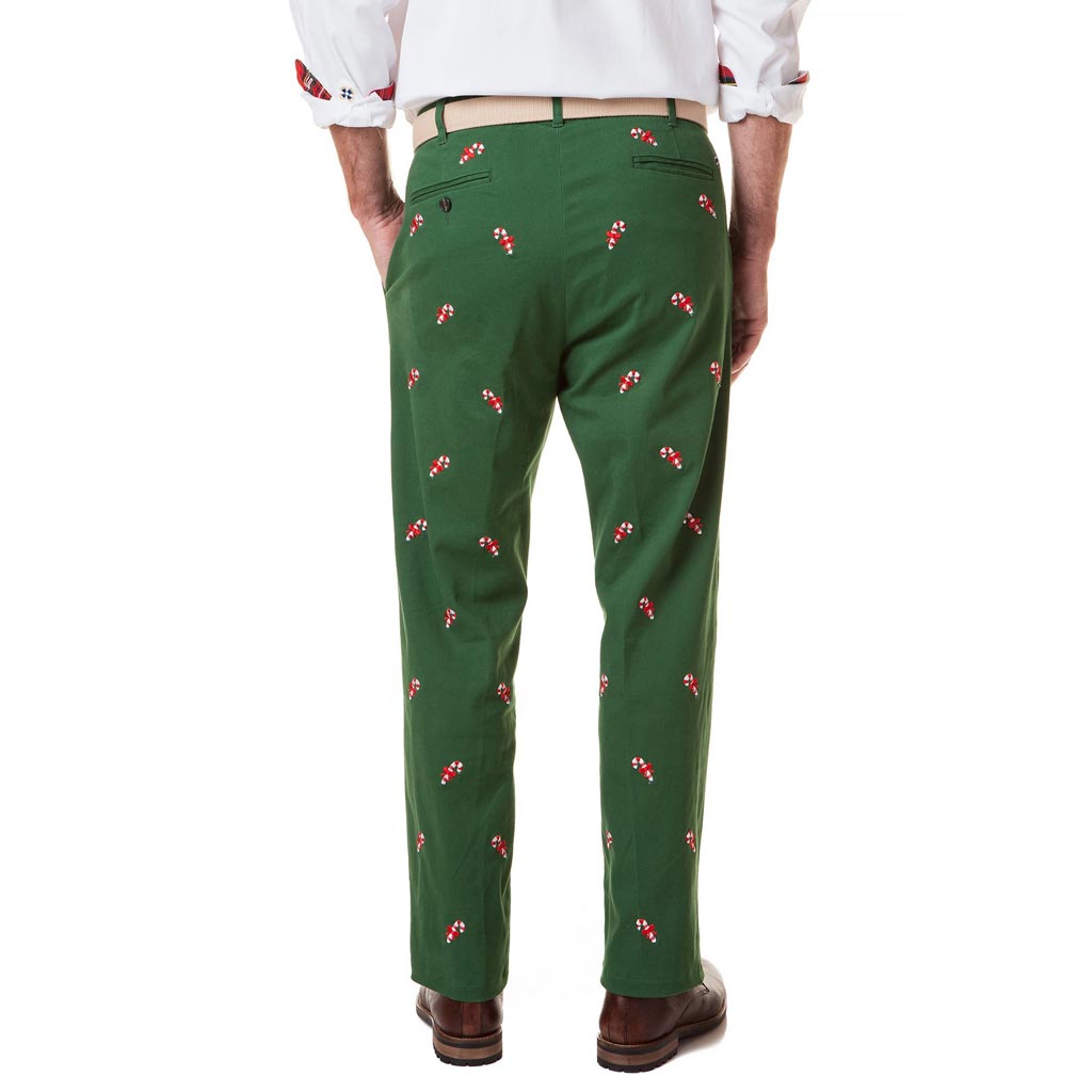 Stretch Twill Harbor Pant in Hunter Green with Embroidered Candy Canes by Castaway Clothing - Country Club Prep