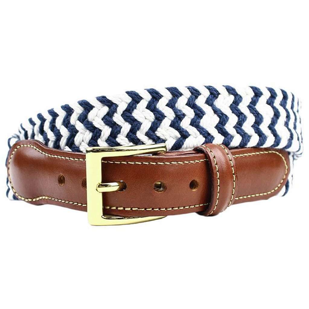 Navy and White Woven Cotton Leather Tab Belt by Country Club Prep - Country Club Prep