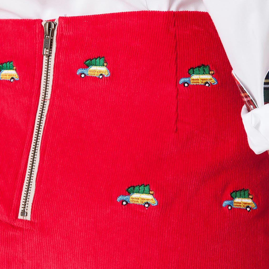 Ali Corduroy Skirt with Embroidered Woody & Christmas Trees by Castaway Clothing - Country Club Prep