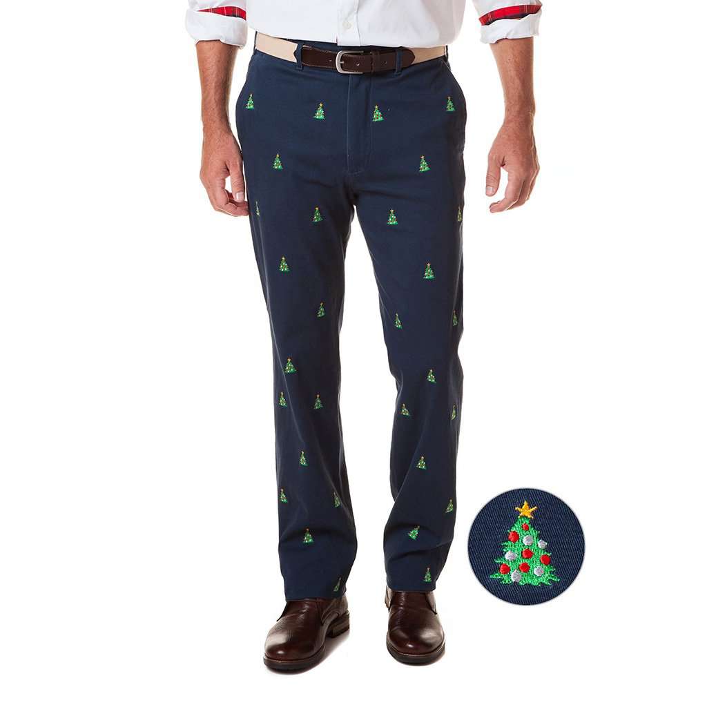 Stretch Twill Harbor Pant with Embroidered Christmas Trees by Castaway Clothing - Country Club Prep
