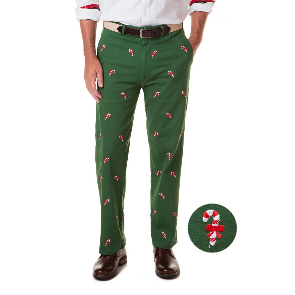 Stretch Twill Harbor Pant in Hunter Green with Embroidered Candy Canes by Castaway Clothing - Country Club Prep