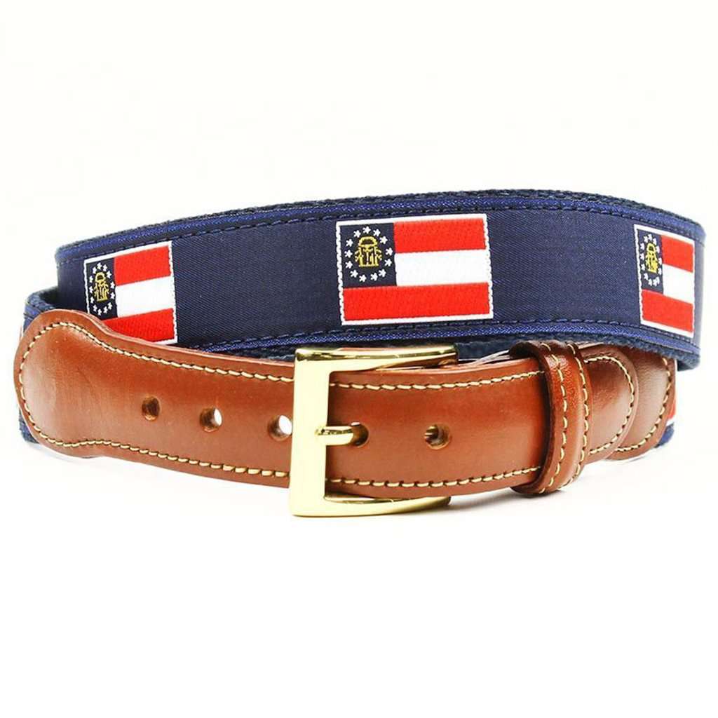 Georgia Flag Leather Tab Belt in Navy on Navy Canvas by Country Club Prep - Country Club Prep