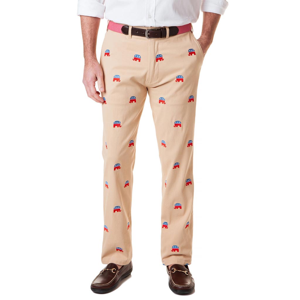 Stretch Twill Harbor Pant with Embroidered GOP Republican Elephant by Castaway Clothing - Country Club Prep