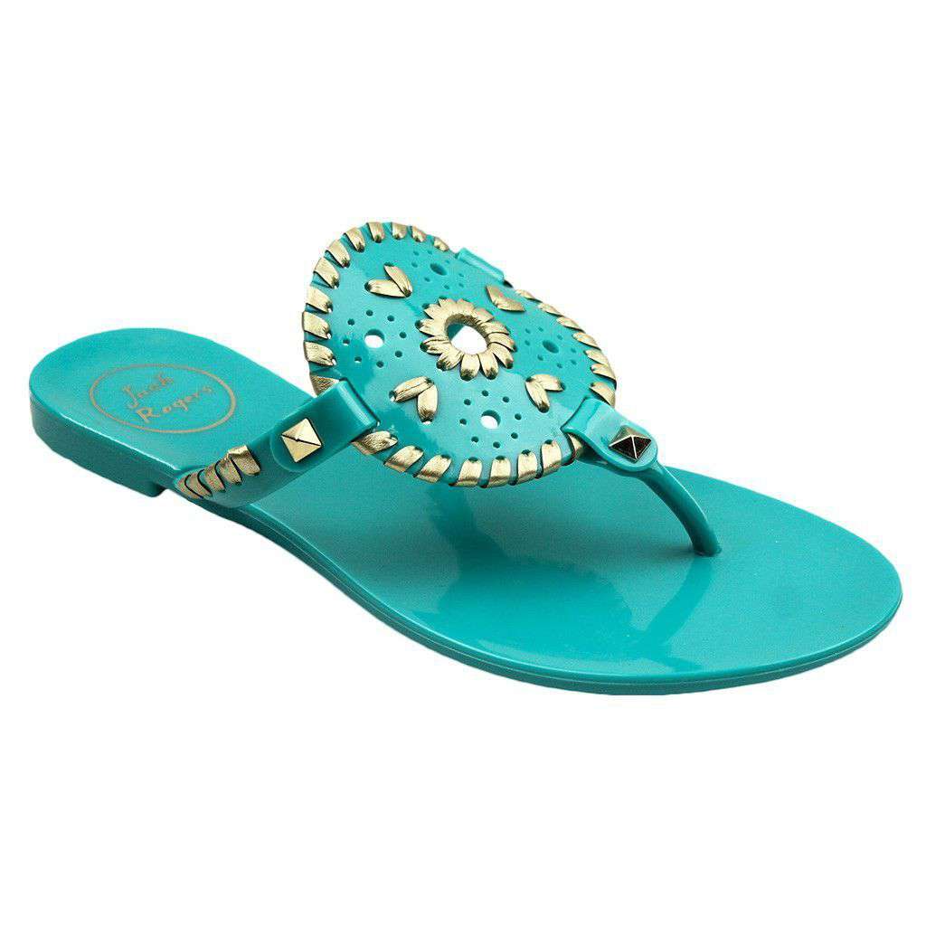 Jack Rogers Georgica Jelly Sandal in Caribbean Blue and Gold Country Club Prep
