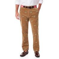 Beachcomber Corduroy Pants in Khaki with Embroidered Woody and Christmas Trees by Castaway Clothing - Country Club Prep