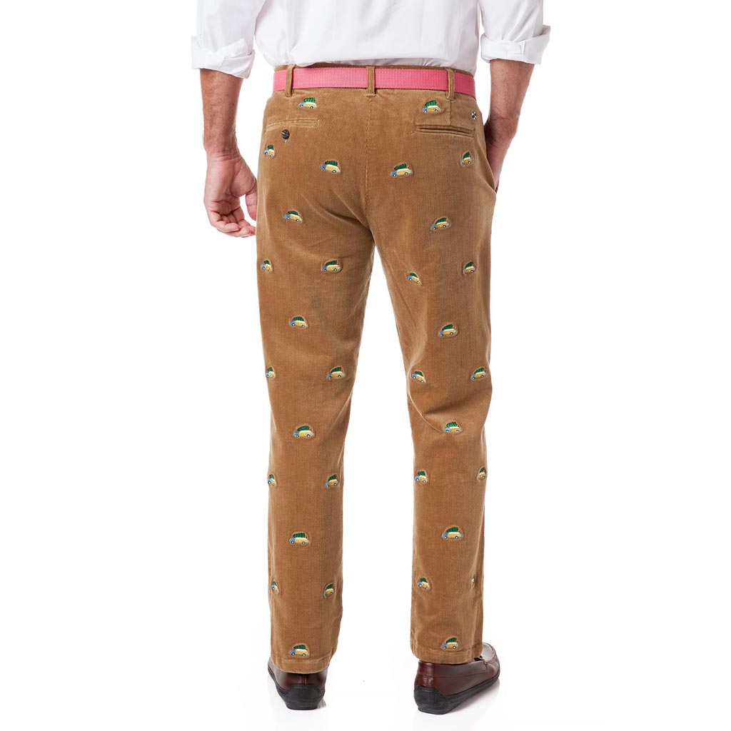 Beachcomber Corduroy Pants in Khaki with Embroidered Woody and Christmas Trees by Castaway Clothing - Country Club Prep