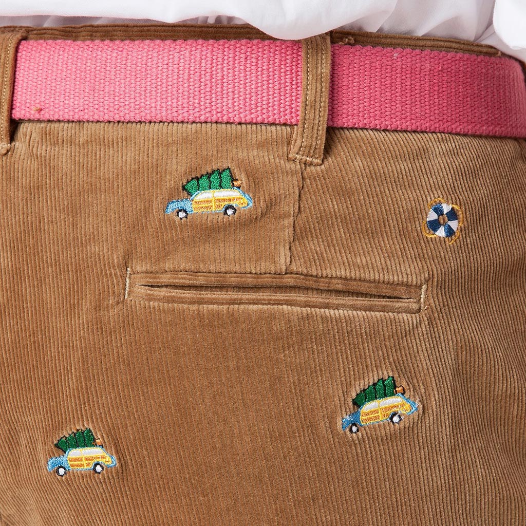 Beachcomber Corduroy Pants in Khaki with Embroidered Woody and Christmas Trees by Castaway Clothing - Country Club Prep