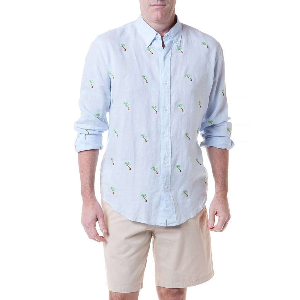 Straight Wharf Linen Shirt with Embroidered Palm Tree by Castaway Clothing - Country Club Prep