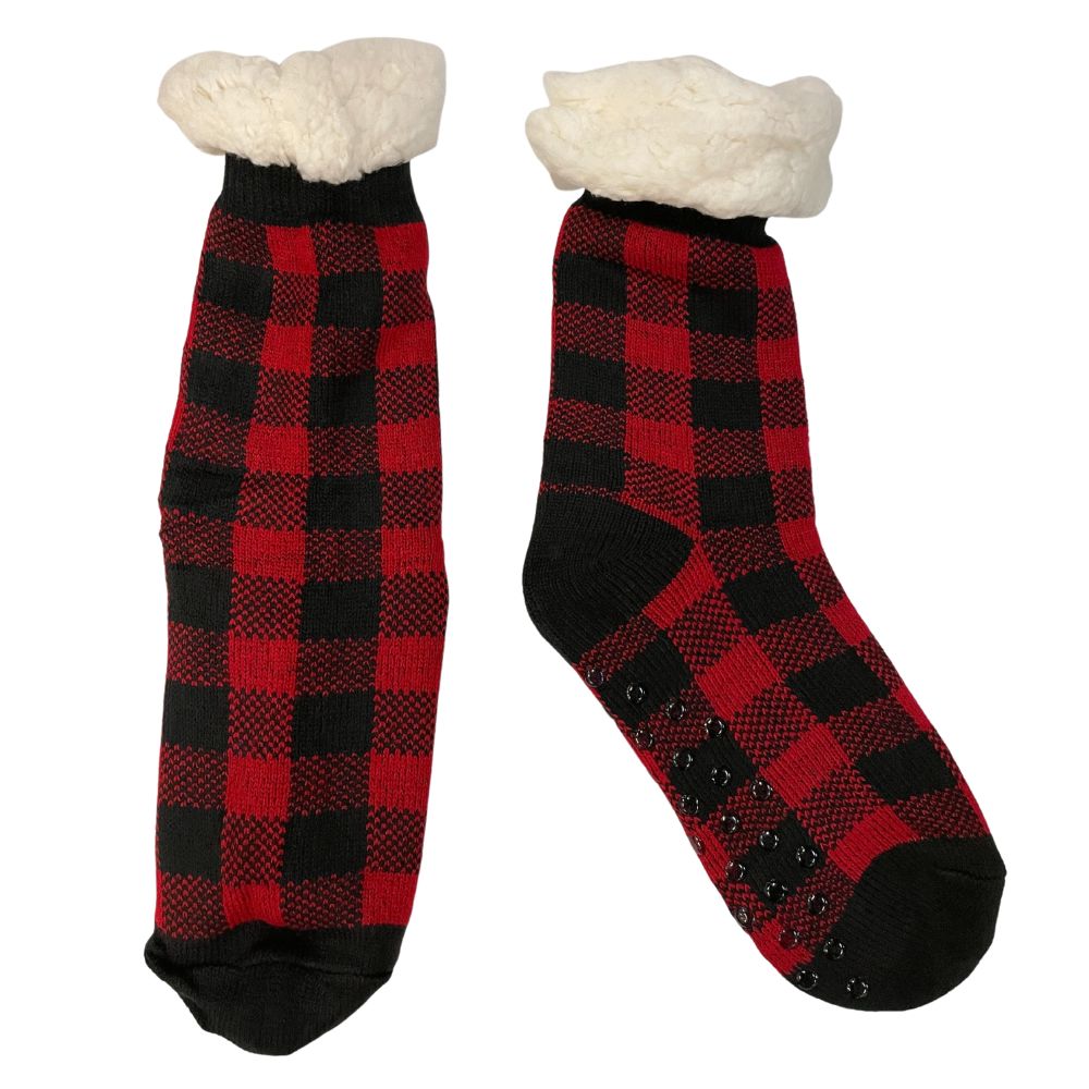 Wrapping Paper Plaid Sherpa Lined Socks in Red - Country Club Prep