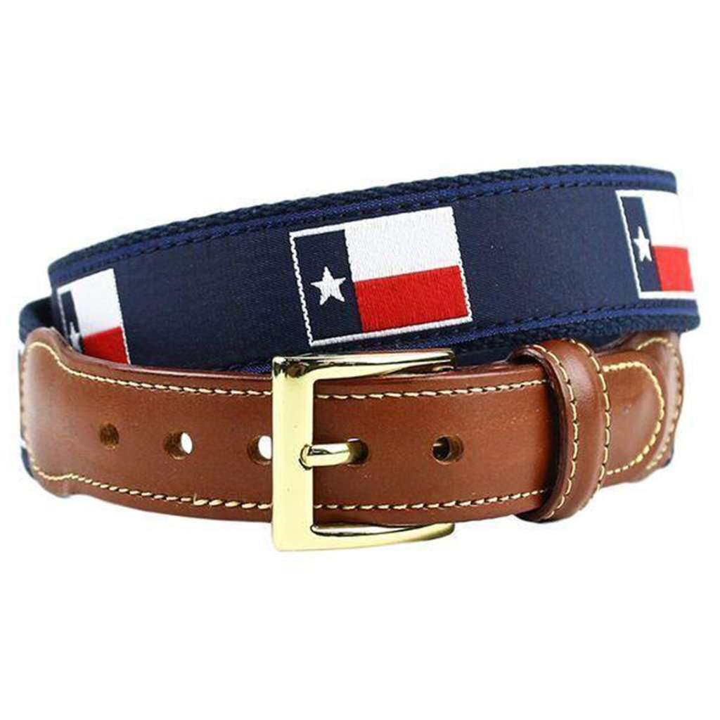 Texas Flag Leather Tab Belt in Navy on Navy Canvas by Country Club Prep - Country Club Prep