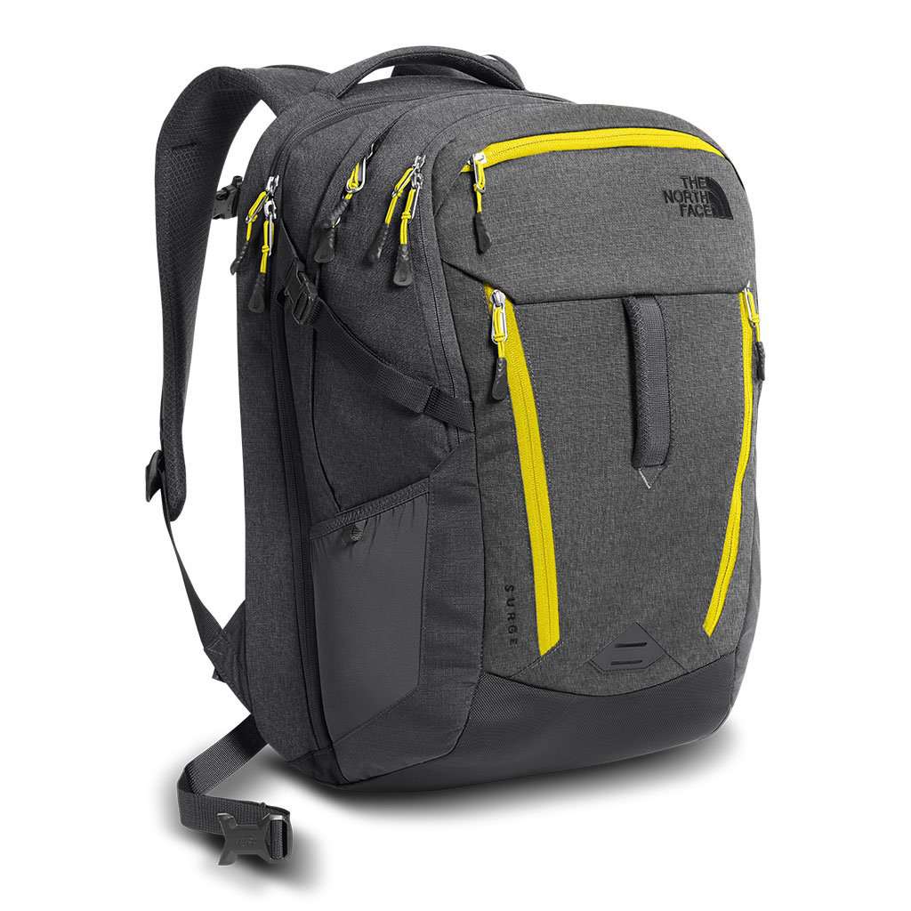 north face backpack 2014 The North Face Surge Backpack in Asphalt Grey White Heather & Blazing Yellow – Country Club Prep