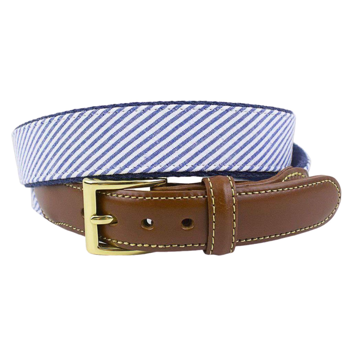Navy Seersucker Leather Belt on Navy Canvas by Country Club Prep - Country Club Prep