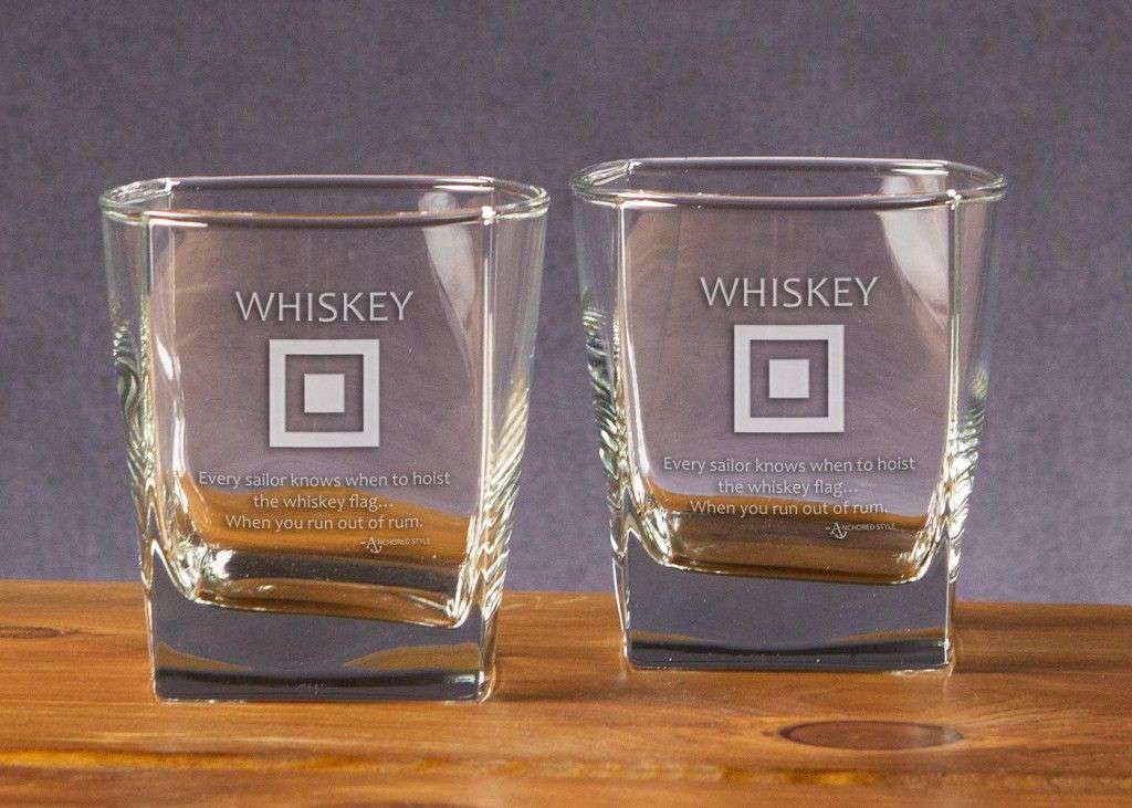 Whiskey Flag Etched Double Old Fashioned Glassware (Set of 2) by Anchored Style - Country Club Prep