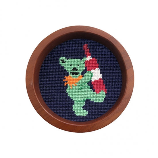 Red Wine Dancing Bear Needlepoint Wine Bottle Coaster by Smathers & Branson - Country Club Prep
