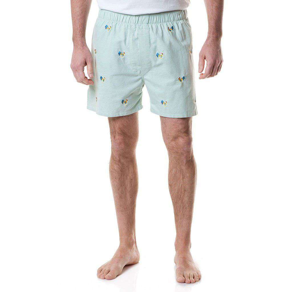 Barefoot Boxer in Seafoam Oxford with Embroidered Coq of the Walk by Castaway Clothing - Country Club Prep