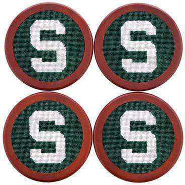 Michigan State Needlepoint Coasters in Green by Smathers & Branson - Country Club Prep