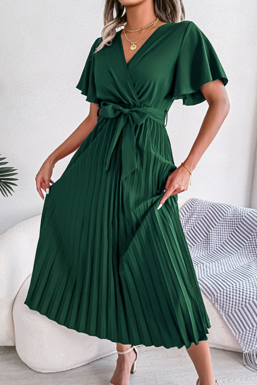 Pleated Flutter Sleeve Belted Dress Pleated Flutter Sleeve Belted Dress