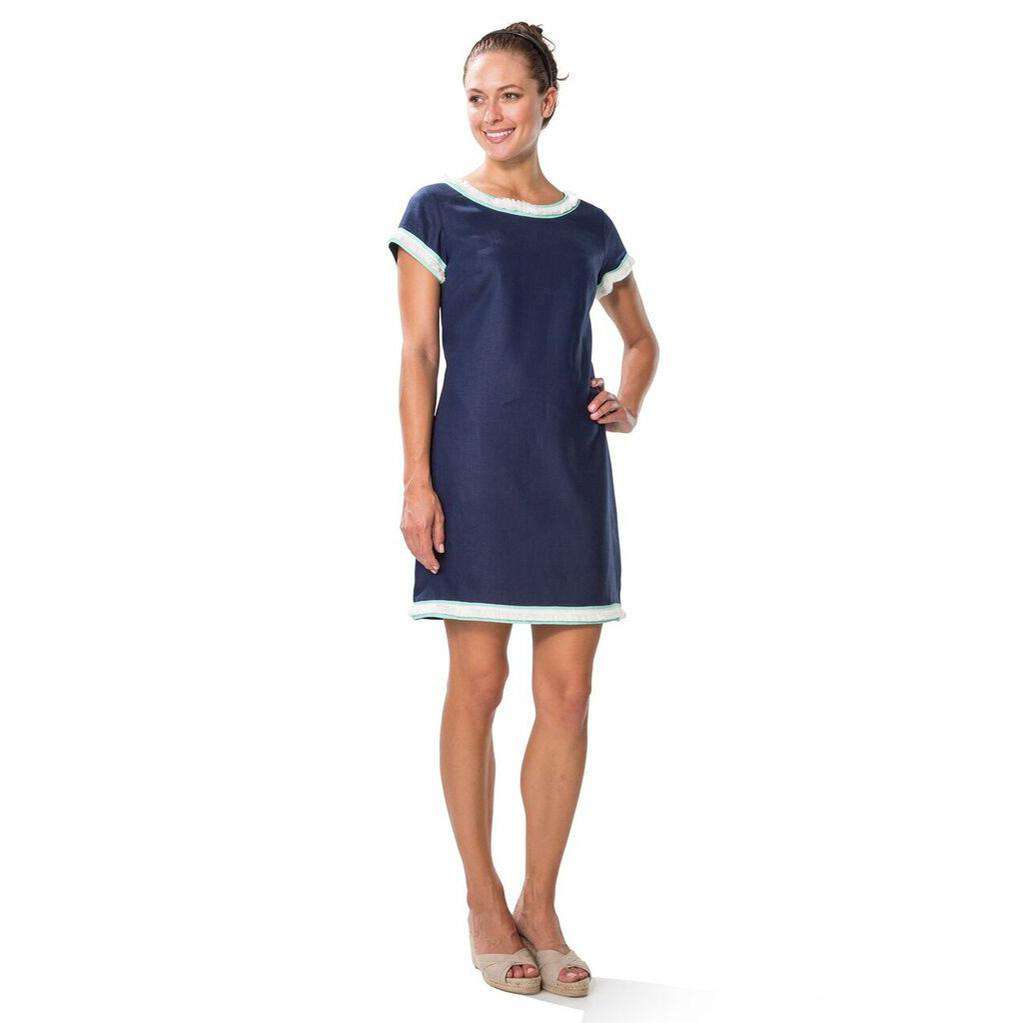 Sail to Sable Linen Shift Dress with Fringe Trim in Navy Country Club Prep Sail to Sable Linen Shift Dress with Fringe Trim in Navy Country Club Prep