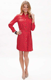 Long Sleeve Shirt Dress in Red Bit Print Silk by Elizabeth McKay - Country Club Prep