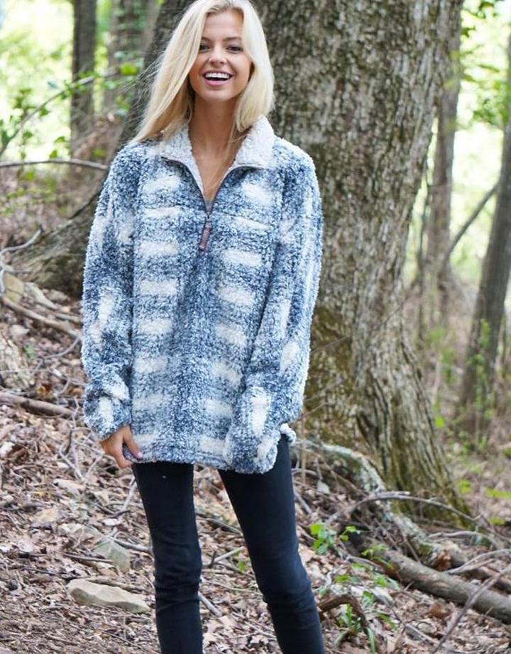 Big Plaid Frosty Tipped Women's Stadium Pullover in Blue by True Grit (Dylan) - Country Club Prep