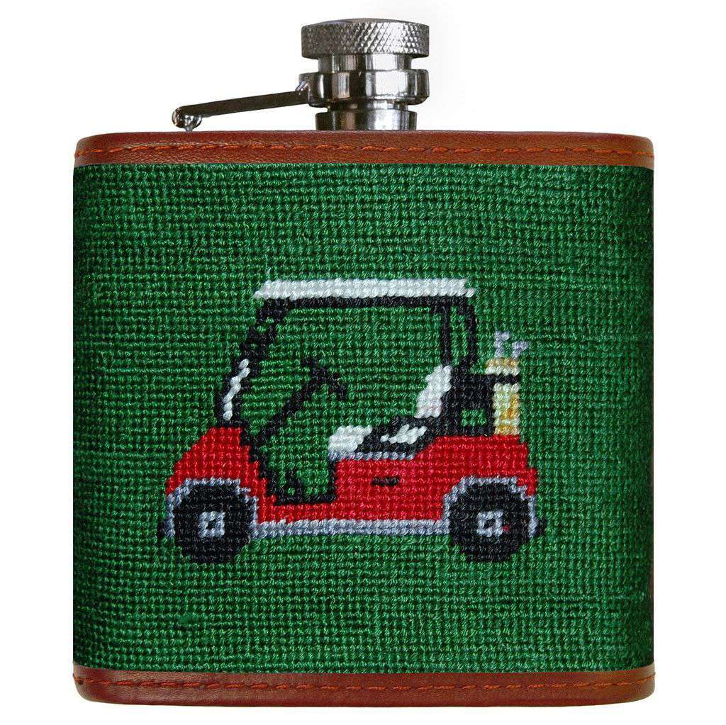 Golf Cart Needlepoint Flask in Hunter Green by Smathers & Branson - Country Club Prep
