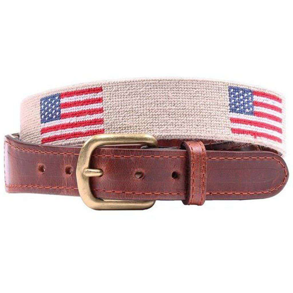 American Flag Needlepoint Belt in Light Khaki by Smathers & Branson - Country Club Prep
