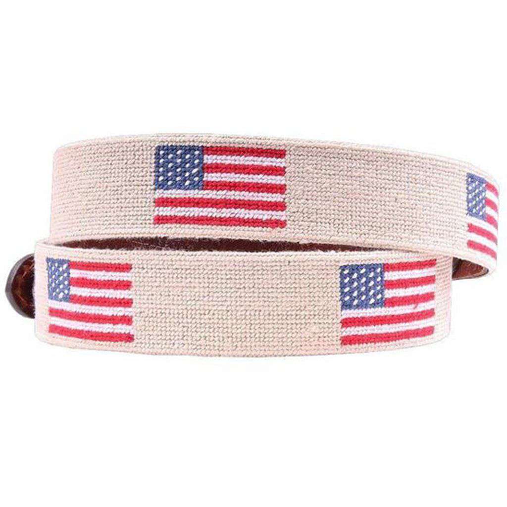 American Flag Needlepoint Belt in Light Khaki by Smathers & Branson - Country Club Prep