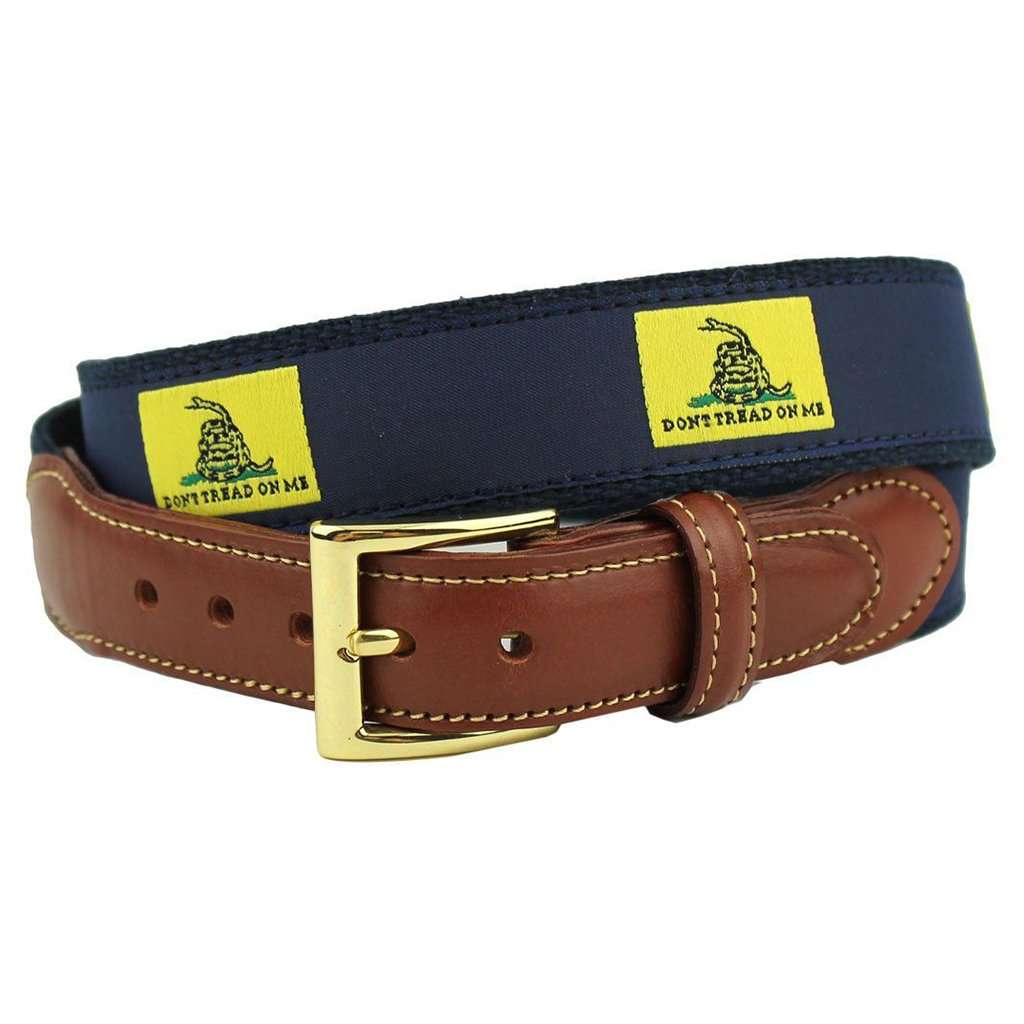 Don't Tread On Me Leather Tab Belt in Yellow on Navy Canvas by Country Club Prep - Country Club Prep