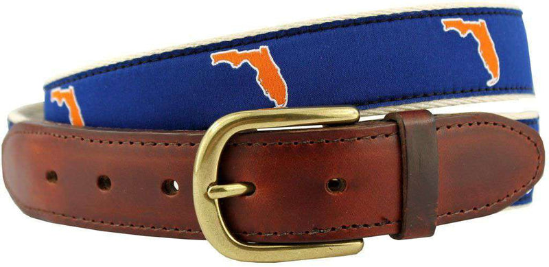 FL Gainesville Gameday Leather Tab Belt in Blue Ribbon with White Canvas Backing by State Traditions - Country Club Prep