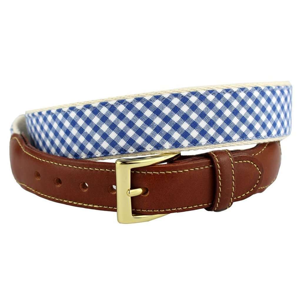 Gingham Leather Tab Belt in Royal Blue by Country Club Prep - Country Club Prep
