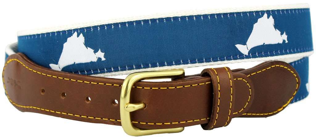 Martha's Vineyard Leather Tab Belt in Navy Ribbon with White Canvas Backing by Knot Belt Co. - Country Club Prep