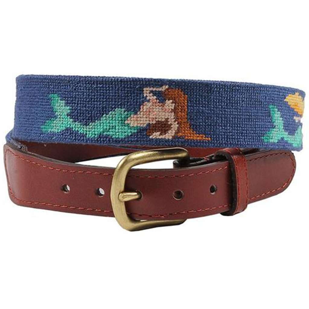 Navy Needlepoint Mermaid Belt with Brown Leather Trim RARE Mermaid Splash Belt (Dark Navy) – Smathers & Branson main image 3