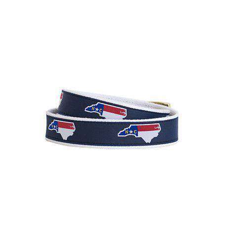 NC Traditional Leather Tab Belt in Navy Ribbon with White Canvas Backing by State Traditions - Country Club Prep