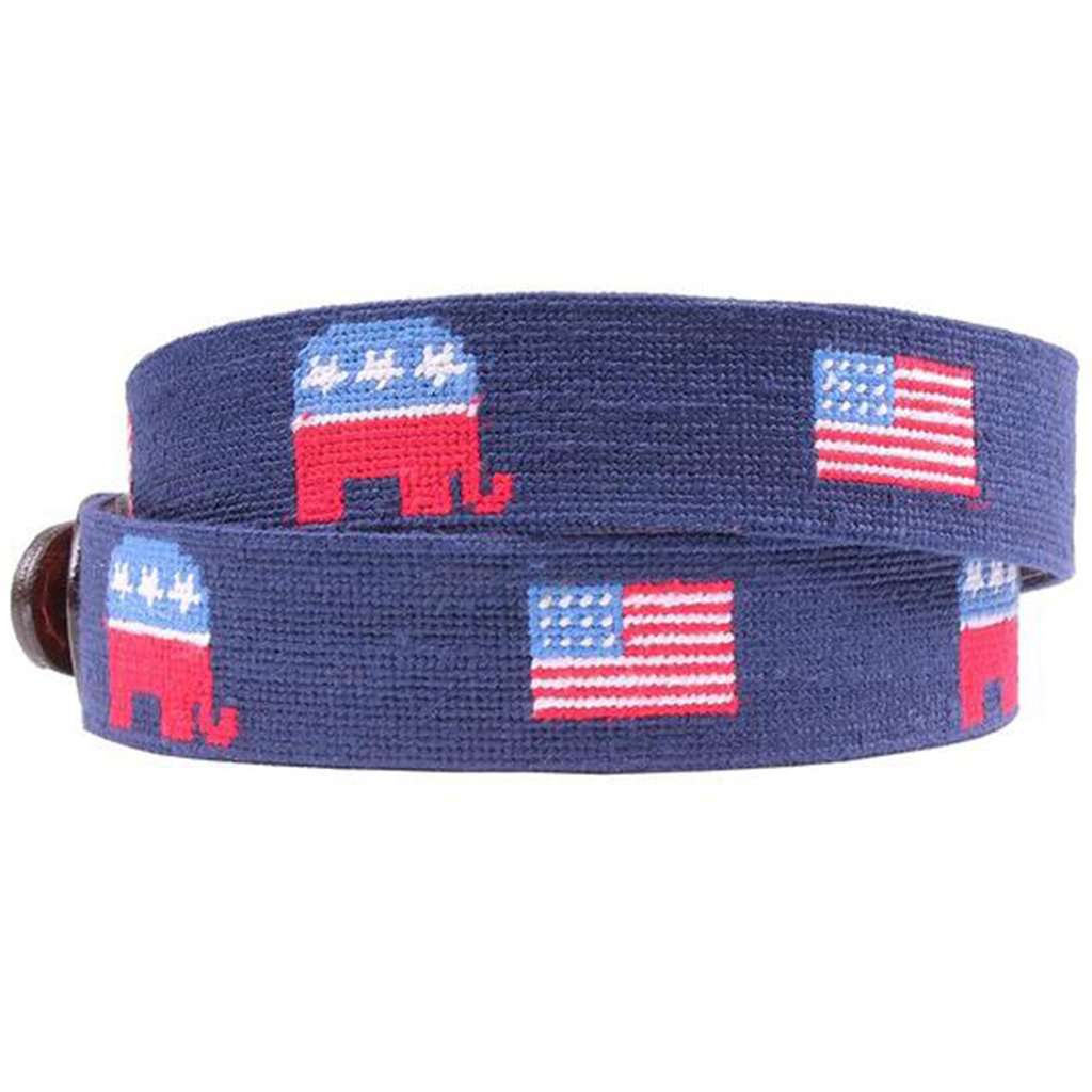 Republican Elephant and American Flags Needlepoint Belt in Midnight Navy by Smathers & Branson - Country Club Prep