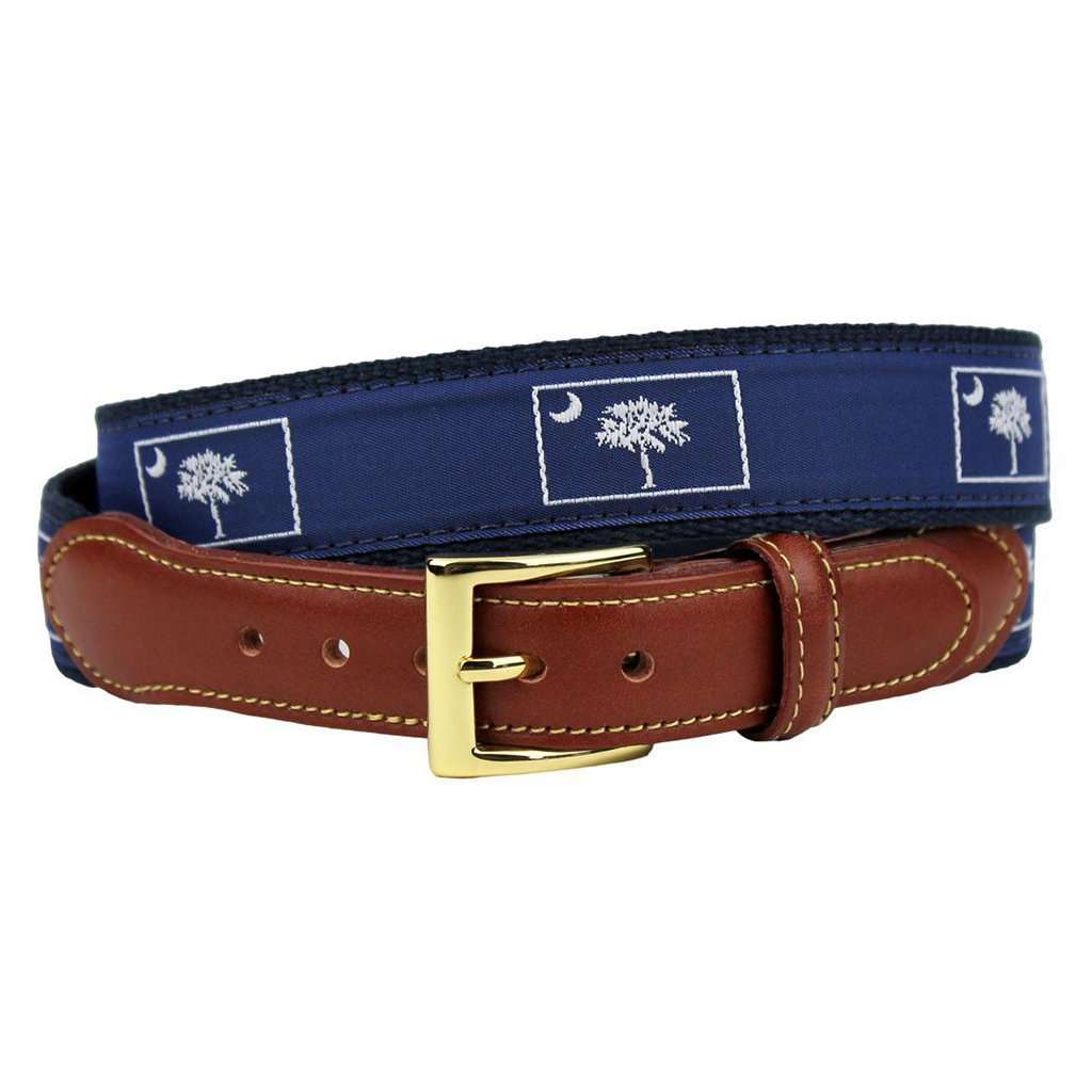 South Carolina Leather Tab Belt in Navy on Navy Canvas by Country Club Prep - Country Club Prep