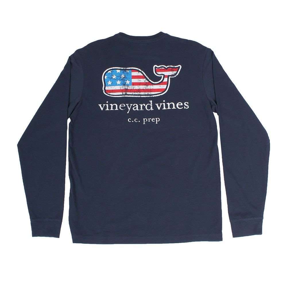 Vineyard Vines Flag Whale CC Prep Long Sleeve Tee Shirt in Blue