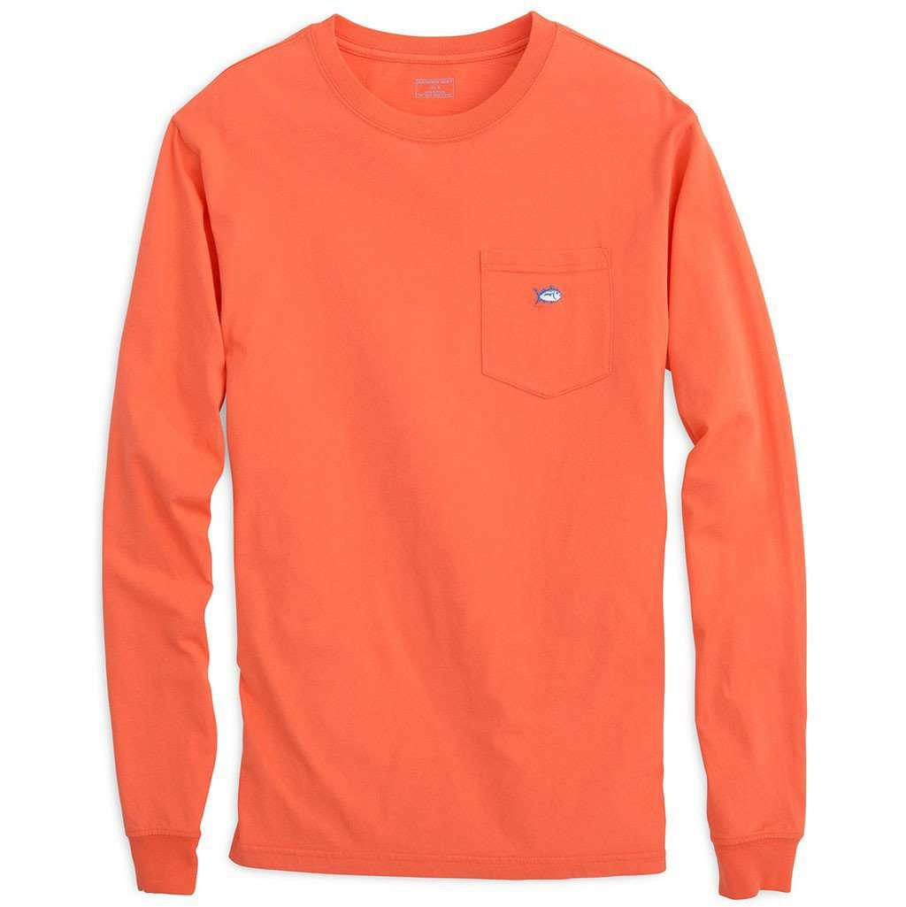 Long Sleeve Embroidered Pocket Tee in Hot Coral by Southern Tide - Country Club Prep