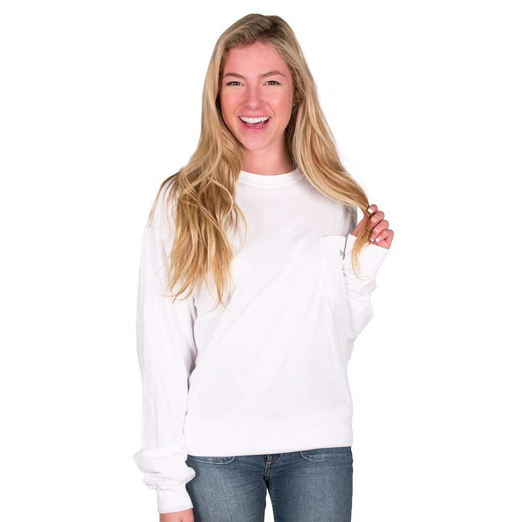 Longshanks Sewn Patch Long Sleeve Pocket Tee Shirt in White by Country Club Prep - Country Club Prep