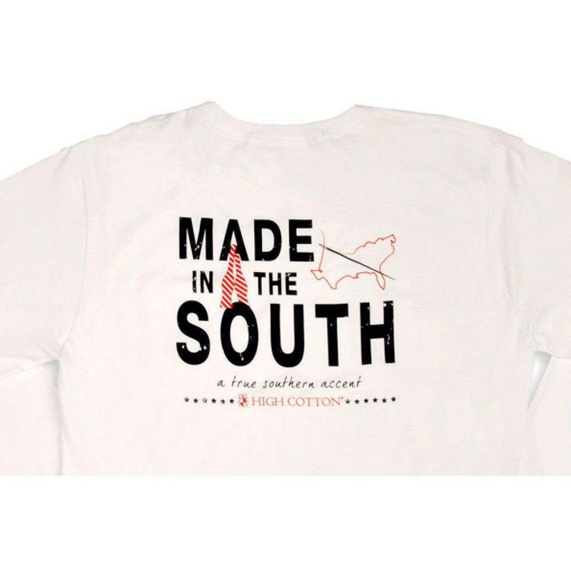 "Made in the South" Long Sleeve Pocket Tee in White by High Cotton - Country Club Prep