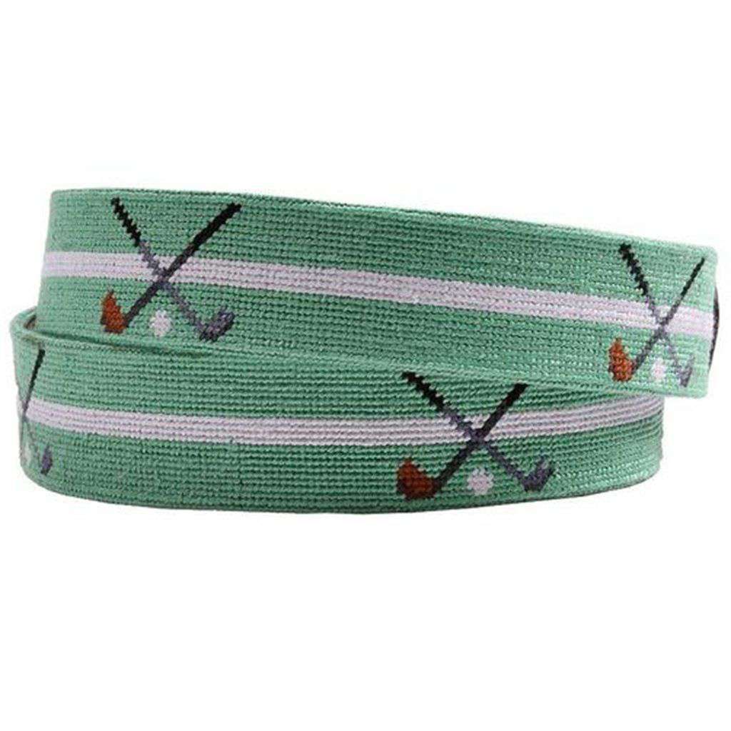 Crossed Clubs Needlepoint Belt in Mint by Smathers & Branson - Country Club Prep
