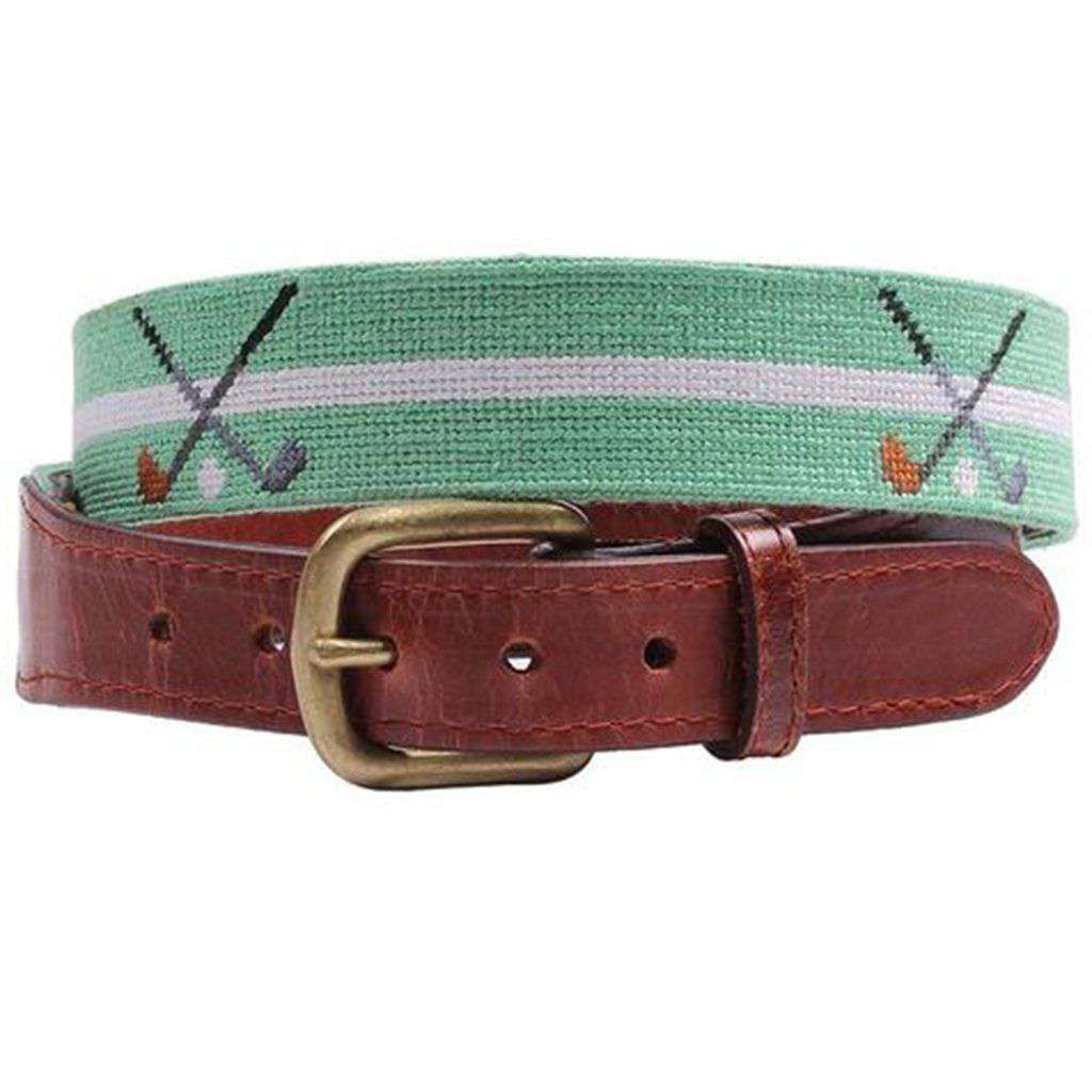 Crossed Clubs Needlepoint Belt in Mint by Smathers & Branson - Country Club Prep