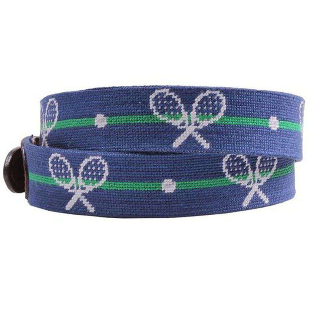 Crossed Racquets Needlepoint Belt in Classic Navy by Smathers & Branson - Country Club Prep